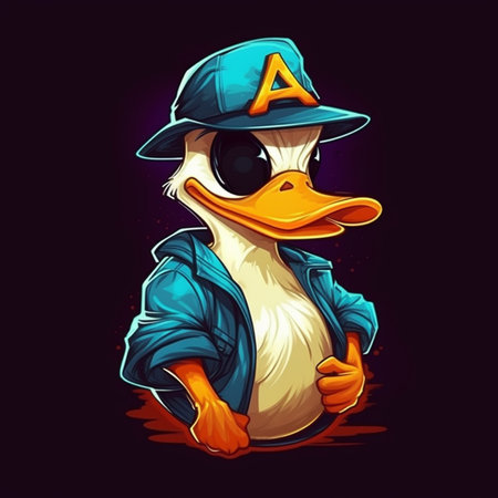 duck with cap and blue jacket isolated on black background. vector illustrationの素材