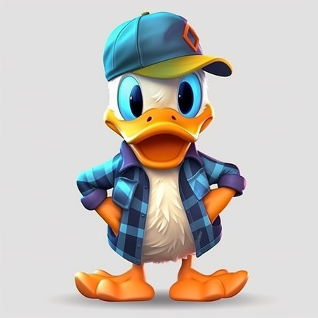 Cute cartoon duck in a cap and plaid shirt. Vector illustration.の素材