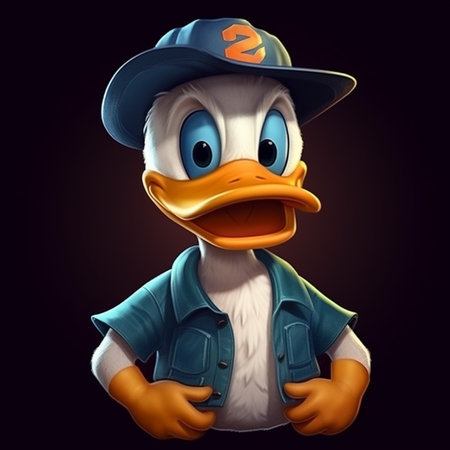 Cartoon duck with a baseball cap on a black background. 3d illustrationの素材