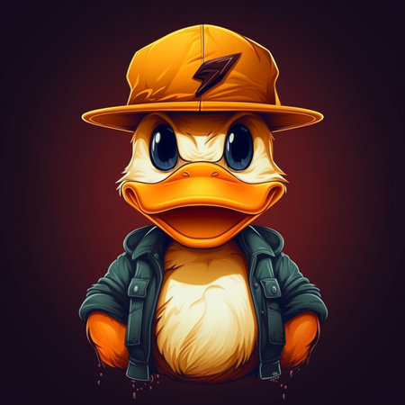 Cute duck in a leather jacket and hat. Vector illustration.の素材