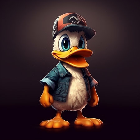 cute cartoon penguin in a baseball cap on a dark backgroundの素材