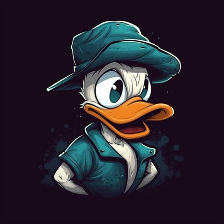 Vector illustration of a duck in a hat on a black background.の素材