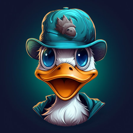 Vector illustration of a duck in a blue cap on a dark backgroundの素材
