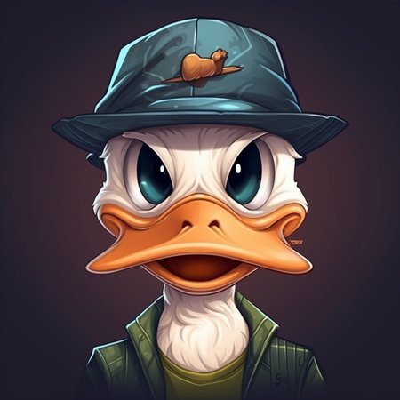 Illustration of a duck in a hat and green jacket on a dark backgroundの素材