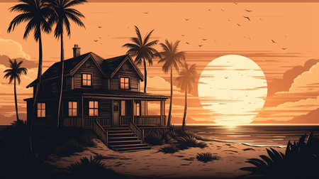 Beautiful sunset on the beach with wooden house. Vector illustration.の素材