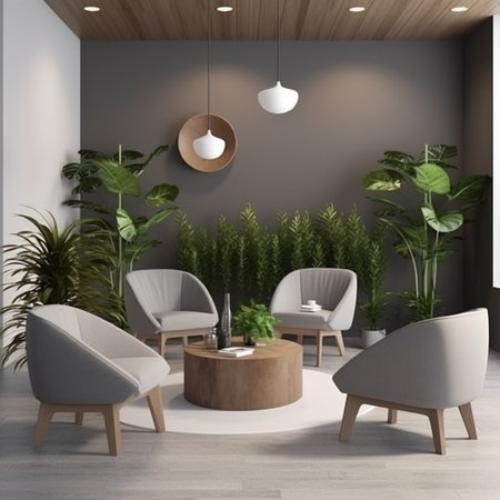 Interior of modern living room with gray walls, wooden floor, comfortable gray armchairs standing near round coffee table with green plants. 3d renderingの素材