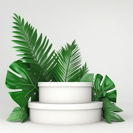 3d render of white podium with monstera leaves on white backgroundの素材