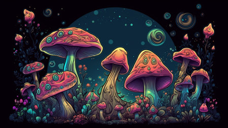 Magic mushrooms in the forest. Colorful vector illustration for your designの素材