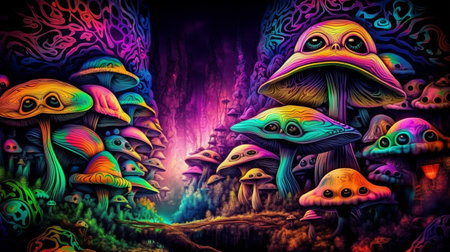 Fantasy mushroom forest. Fantasy illustration. Psychedelic digital painting.の素材