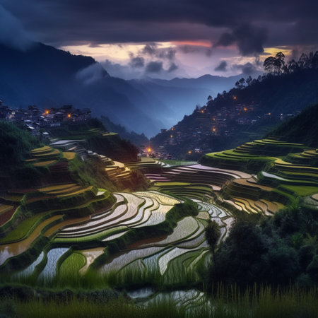 Rice terraces at sunset in Vietnam. Longji terraces are one of the most beautiful terraces in Vietnam.の素材