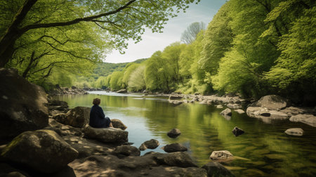Man sitting on a rock and looking at the river in the forestの素材