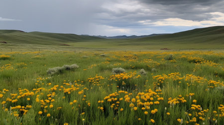 Mongolian steppe with yellow flowers and cloudy sky.の素材