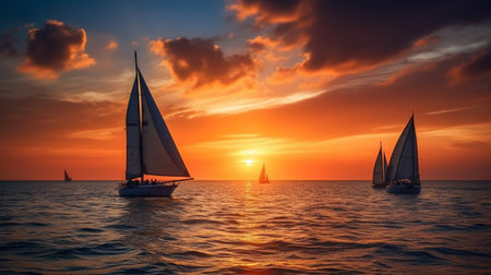 Sailing boats on the sea at sunset. Luxury yachts in the sea at sunset.の素材