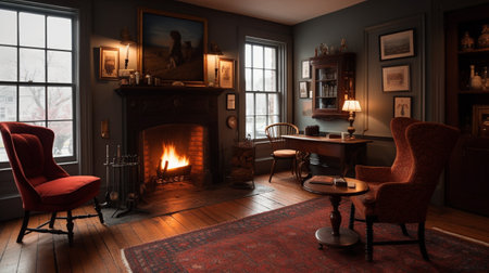 Interior of a living room with a fireplace. 3d renderの素材