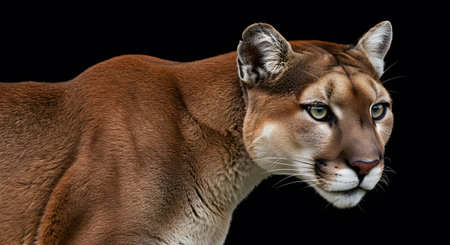 Close-up view of a cougar, set against a solid black backdrop.  The cougar's fur appears reddish-brown, with a visible texture.  The lighting emphasizes the cougar's features.  The image would be suitable for commercial or editorial purposes related to wildlife, nature, or zoology.の素材