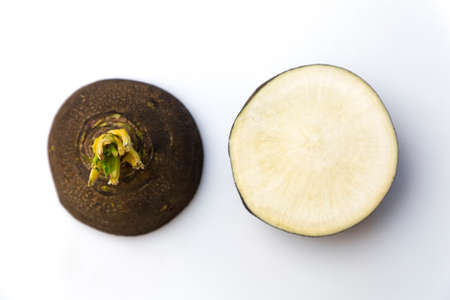 Black Spanish Radish on white, top view. Black Radish top view cut in half.の写真素材