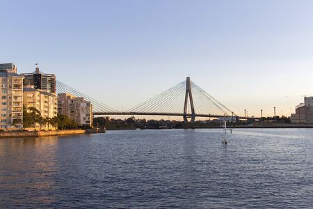 Anzac Bridge at sunset seen from the suburb of Pyrmont. Anzac bridge spanning Johnston's Bay between Pyrmont and Glebe in Sydney, Australia.のeditorial素材