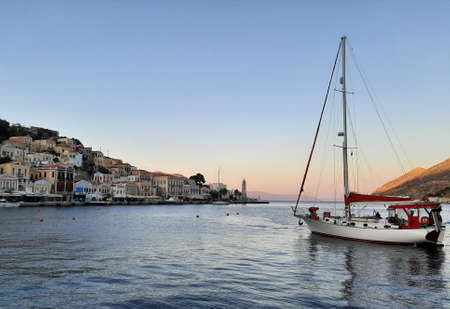 Small boat in the harbor of Symi island, Greece.の写真素材