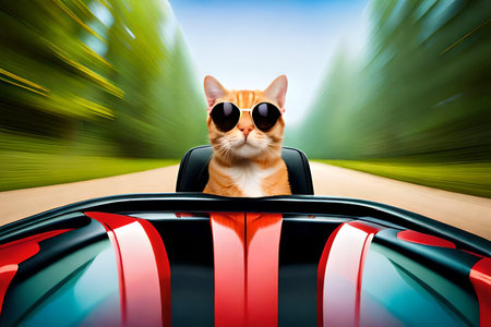 A cat in a car with sunglassesの素材