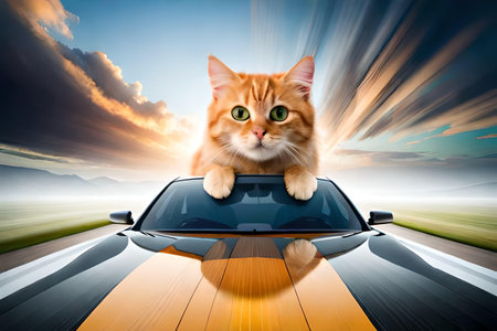 A cat in a car with sunglassesの素材