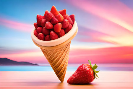 Ice cream cone with strawberries on table at sunset sky background. Summer concept.の素材