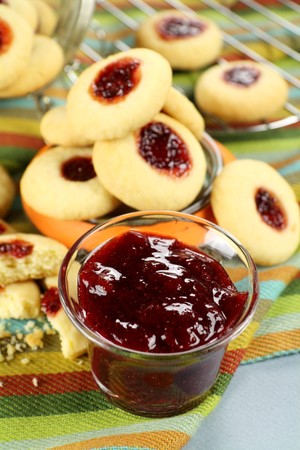 Delicious fresh baked jam drops with strawberry jam.の写真素材