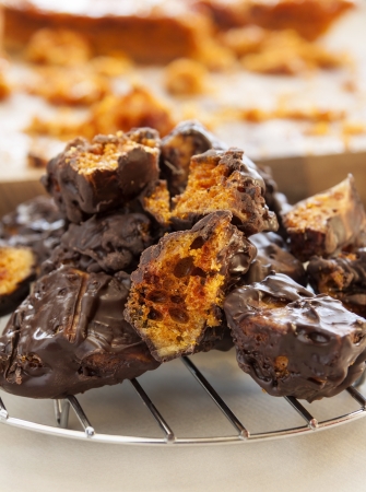 Decadent fresh baked sweet honeycomb dipped in dark chocolate.の写真素材