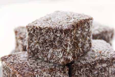 The iconic Australian cake the lamington made with chocolate and coconut.の写真素材