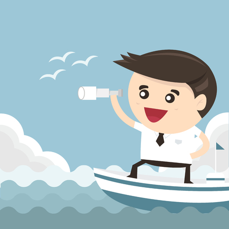 Businessman with a spyglass on a boat, vision leadershipのイラスト素材
