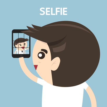 Businessman take a Selfie with mobile phone, flat designのイラスト素材