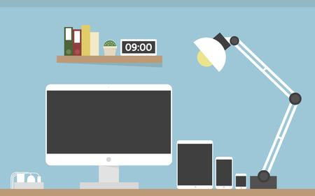 Computer desk, workplace, flat design, phone, mobile, tabletのイラスト素材