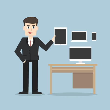 Businessman holding a tablet, smartphone, laptopのイラスト素材