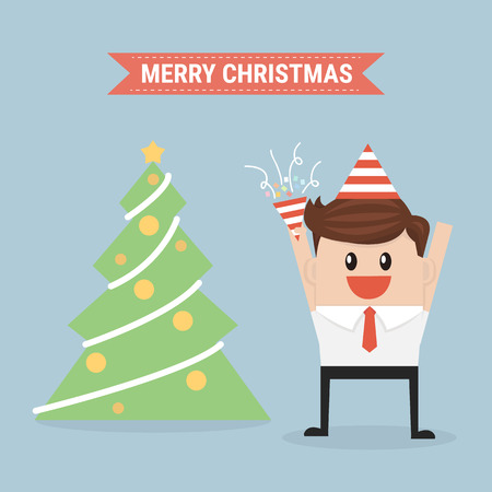 Business situation. Businessman decorates a Christmas tree. Vector illustration.のイラスト素材