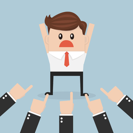 Businessman being pointed at by a lot of hands, vector, flat designのイラスト素材