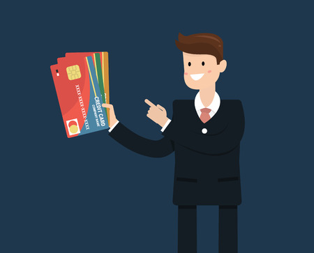 Man in suit shows plastic cards. Bank selection conceptのイラスト素材