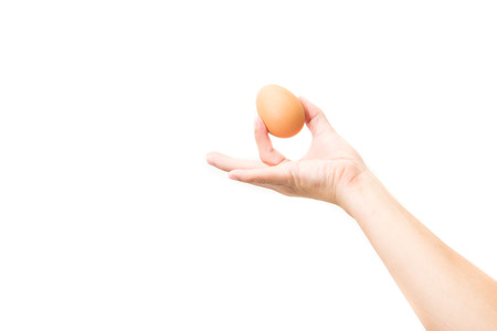 Hand holds a brown egg on a white backgroundの写真素材