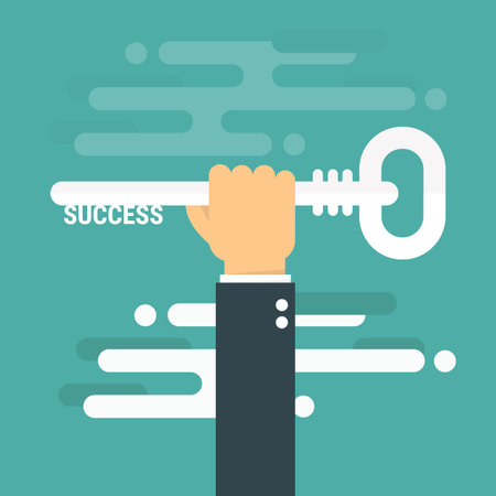 Flat design style modern vector illustration concept of hand holding a key of success, meaning overcoming difficulties, goals achievement, opportunities for business development.のイラスト素材