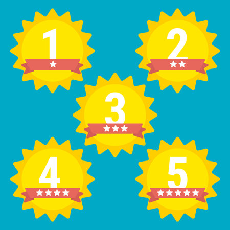 Rating label with five different label with star and place icon.のイラスト素材