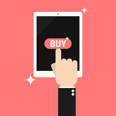Internet shopping concept. Hand pulling buy button on tablet. Three items in shopping cart. E-commerce concept. Shopping online.のイラスト素材