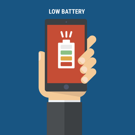 Hand holding smartphone with low battery on the screen. Flat vector illustration.のイラスト素材