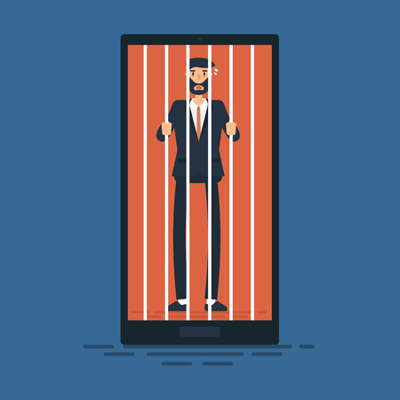 Businessman locked in smartphone, flat design, vector.のイラスト素材