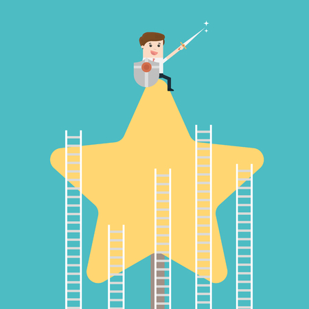 Successful businessman holding flag stand on star shape.のイラスト素材