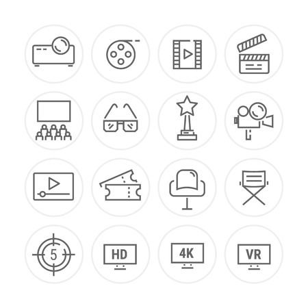 Simple Set of Cinema Related Vector Line Icons. Contains such Icons as Movie Theater, TV, Popcorn, Video Clip and more.のイラスト素材