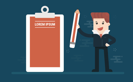 Happy businessman holding a pencil looking at completed checklist on clipboard.のイラスト素材