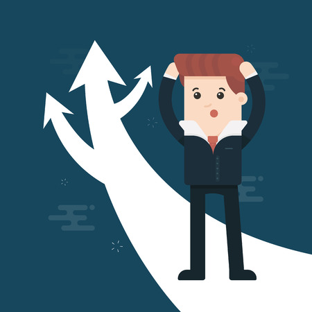 Businessman Confused standing at a crossroads, businessman standing in front of arrows as symbol for choice.のイラスト素材