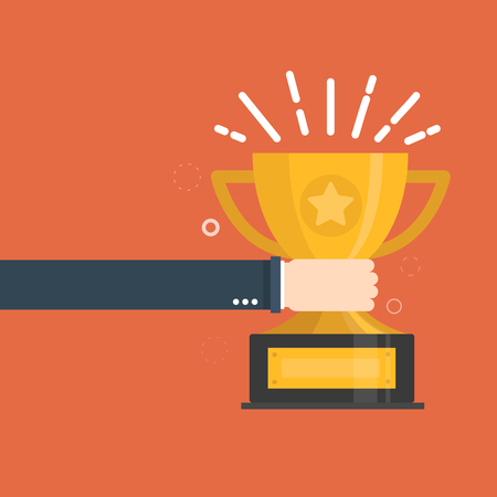 Hand holding gold cup award icon.のイラスト素材