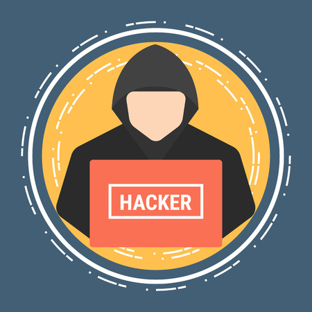 Hacker on laptop icon, virtual crime flat concept illustration.のイラスト素材