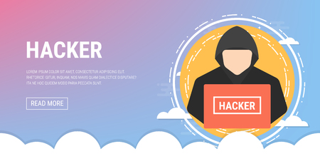 Hacker on laptop icon, virtual crime flat banner concept illustration.のイラスト素材