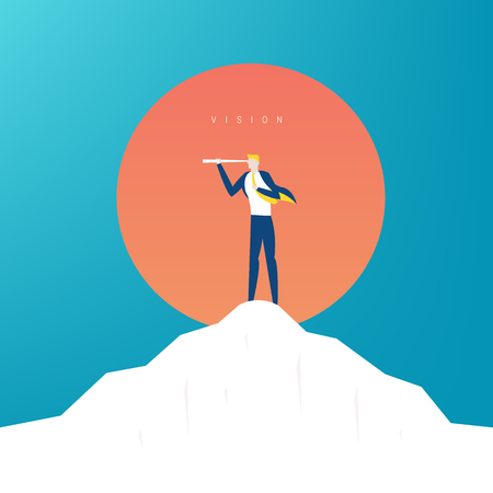 Businessman looking through binoculars standing on a mountain graph, vision concept illustration.のイラスト素材