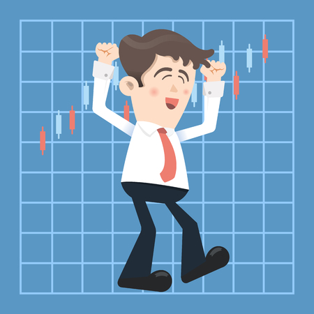 Successful businessman with hands raised on background of blue computer screen with stock market graph diagram information.のイラスト素材